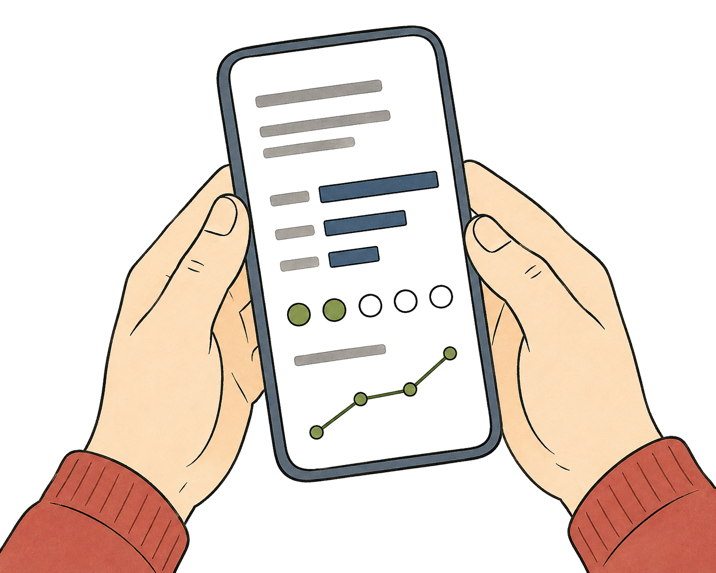A parent's hands holding a phone showing a simple progress dashboard