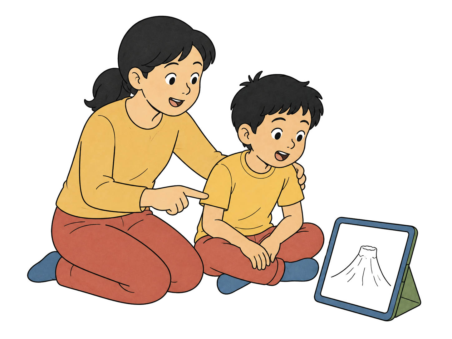 A parent kneeling beside their child, pointing at the device