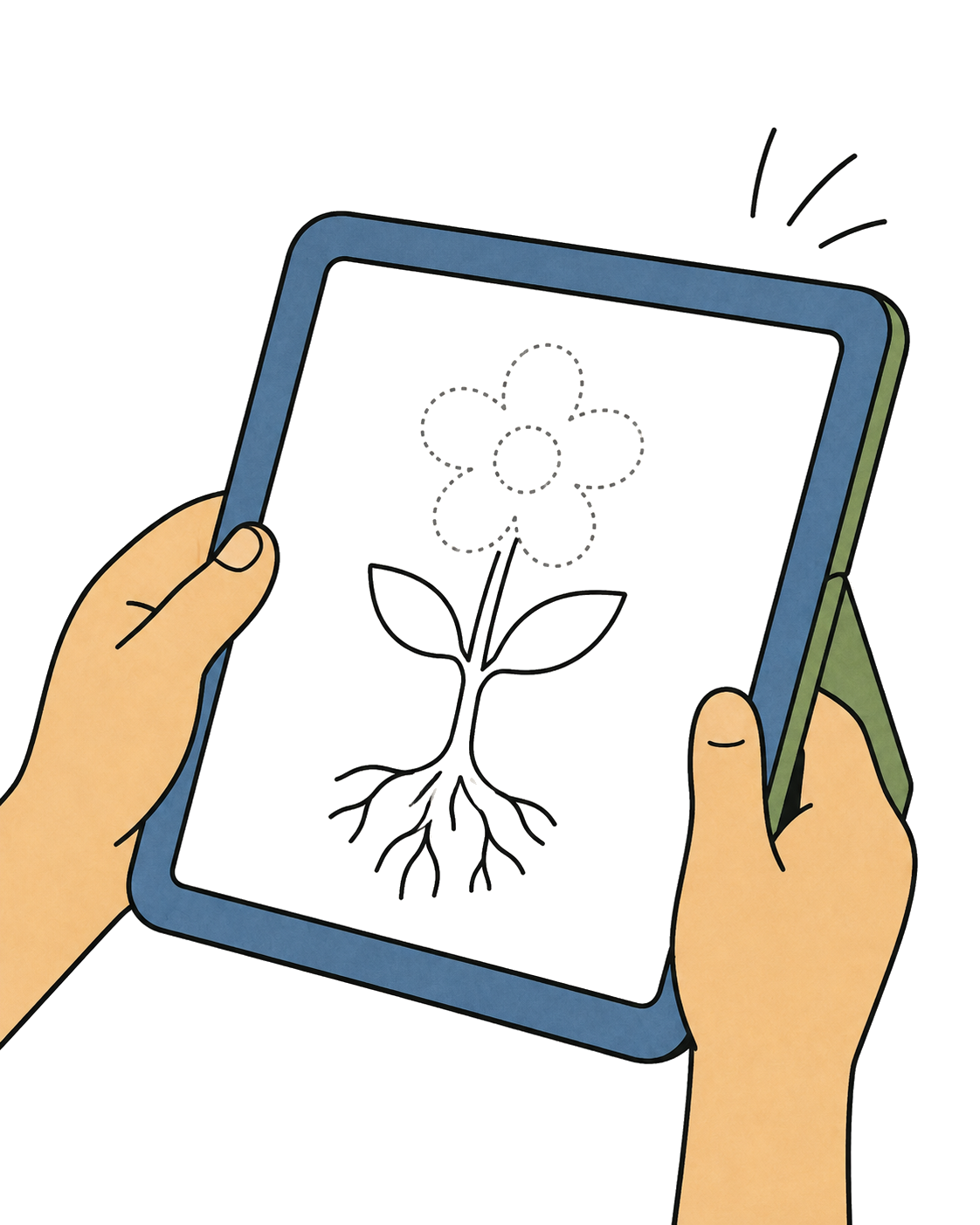 Two hands holding the device, a plant drawing half-finished on the screen
