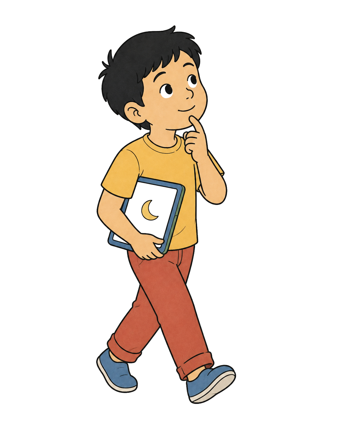 The same child, older, walking with the device under one arm