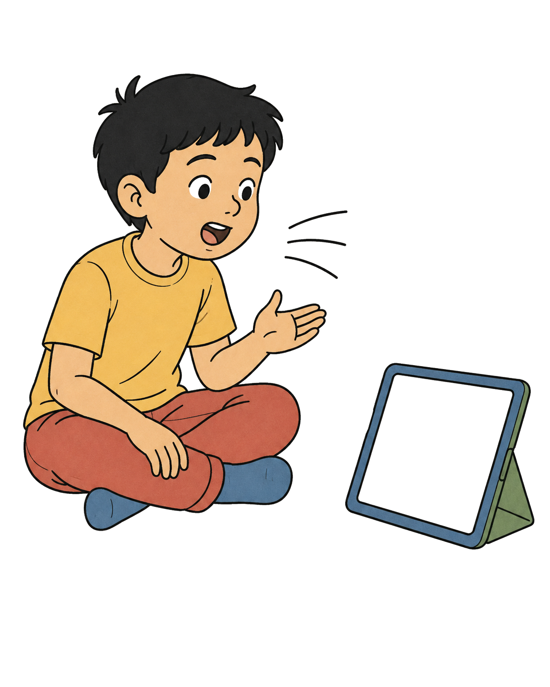 A child sitting cross-legged, speaking to the device