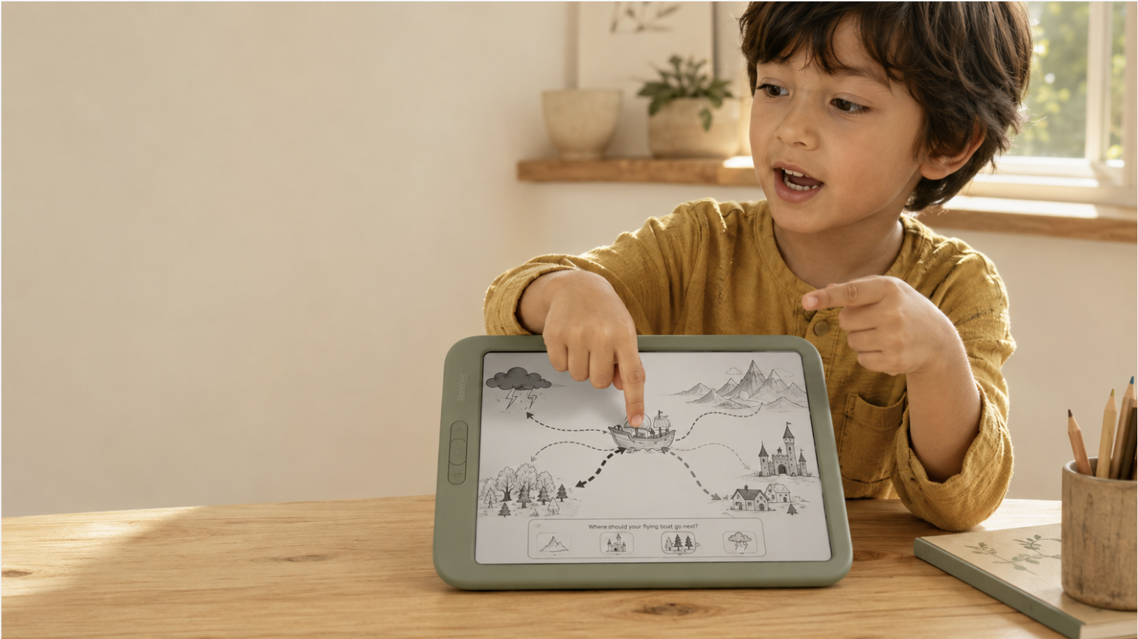 A child pointing at a flying-boat story on the Primer tablet