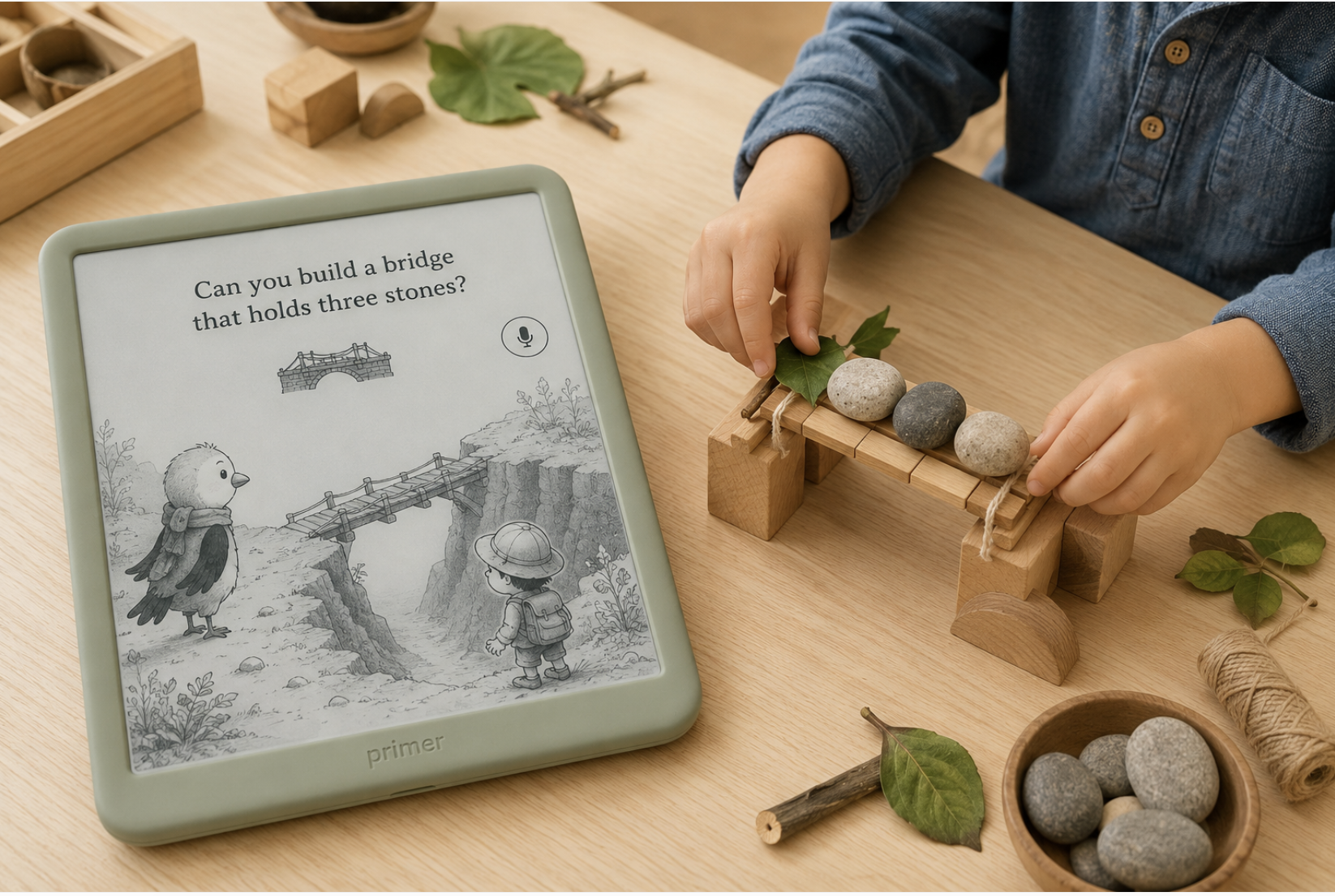 A child building a real bridge from blocks next to the Primer tablet
