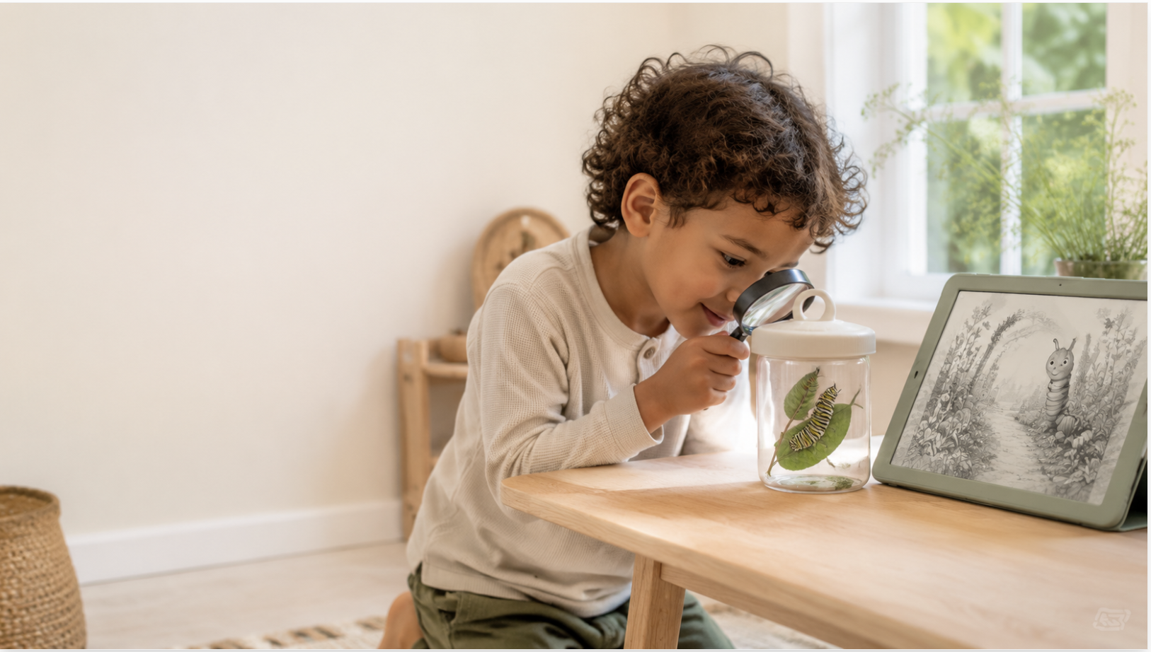 A child studying a caterpillar in a jar beside the tablet