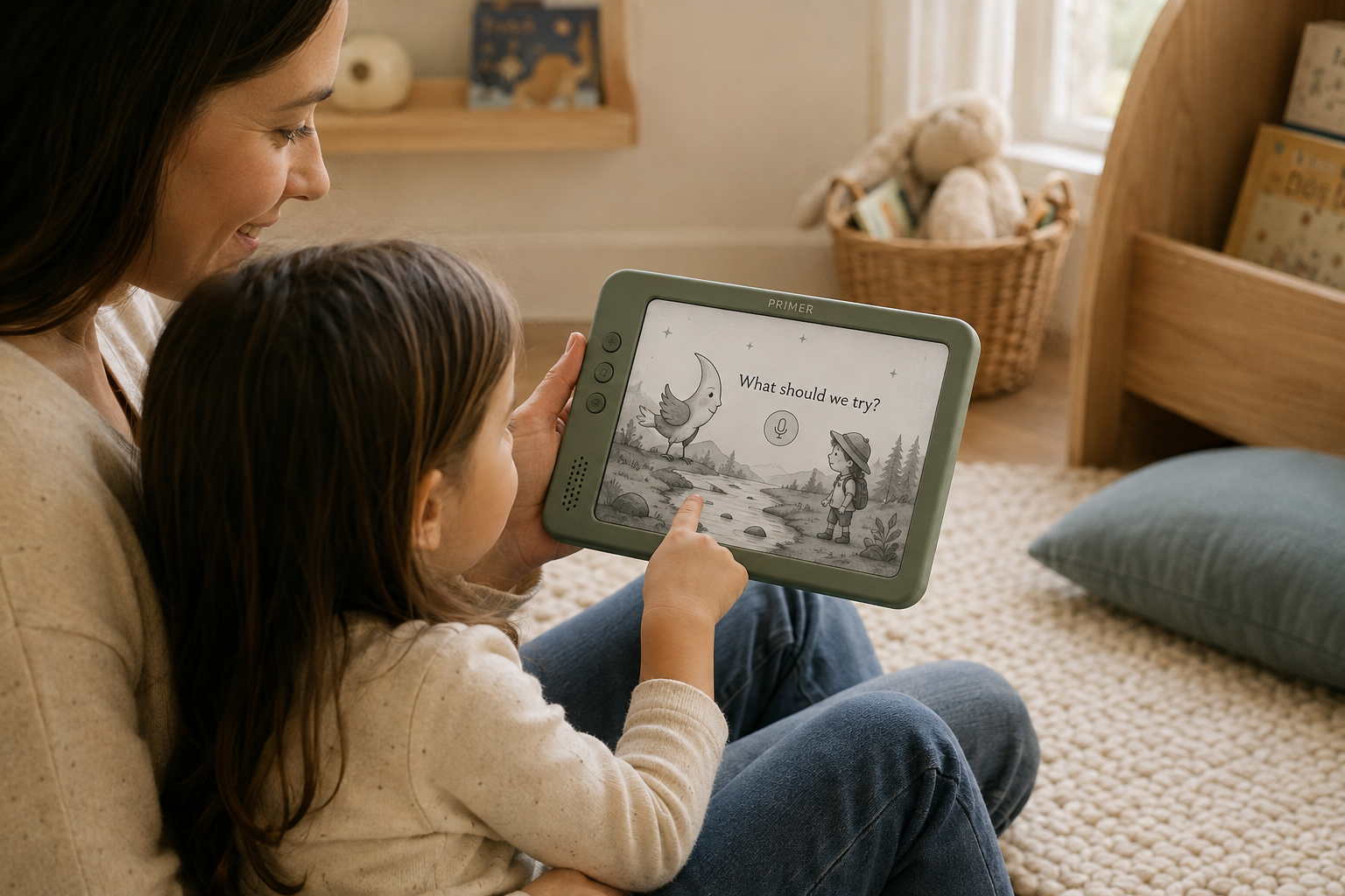 A parent and child using Primer together on the sofa